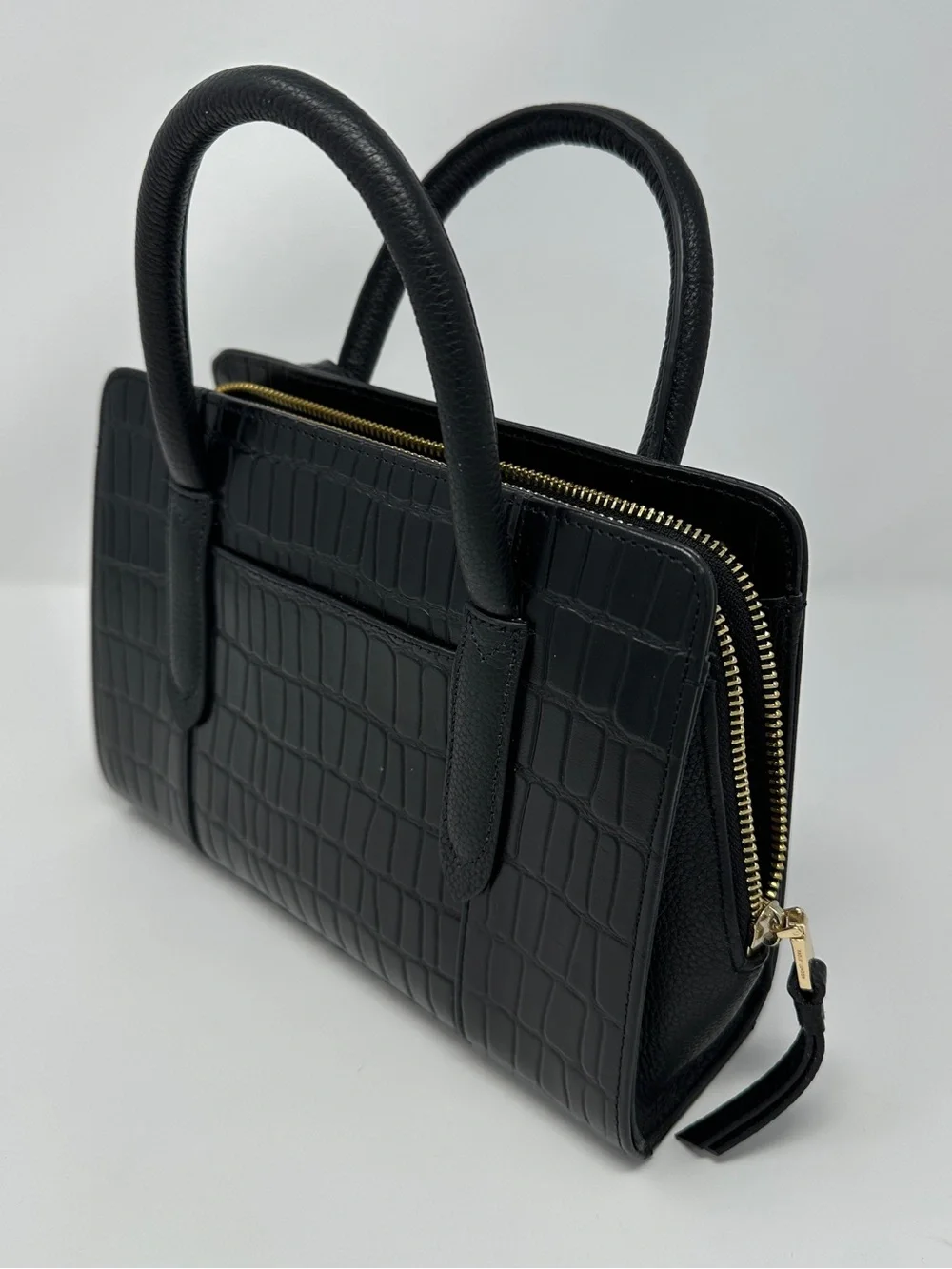 RADLEY LONDON Black Croc-Embossed Leather Satchel with Gold Hardware